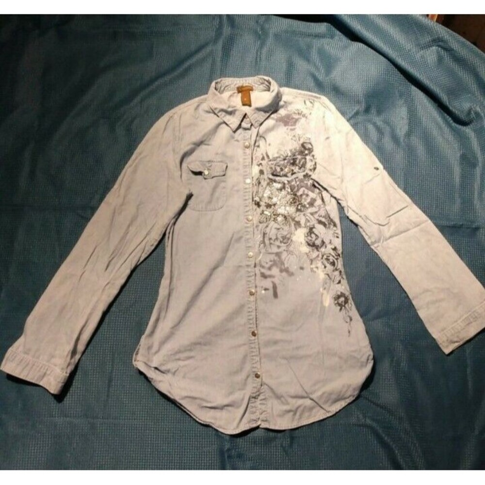 Copper Key Womens Top Size M Medium Blue Studded Graphic Roll Tab Western Shirt